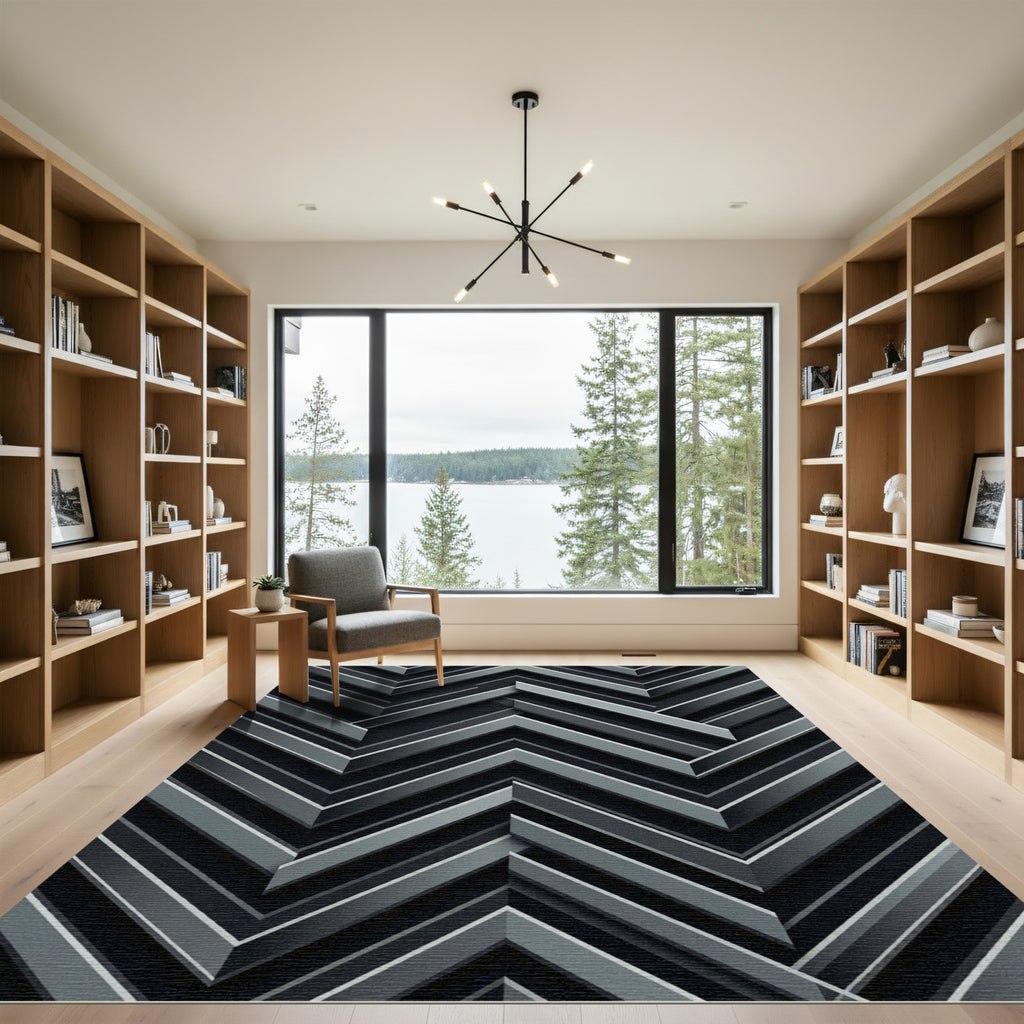 Modern Monochrome Chevron Metallic Stripe Rug