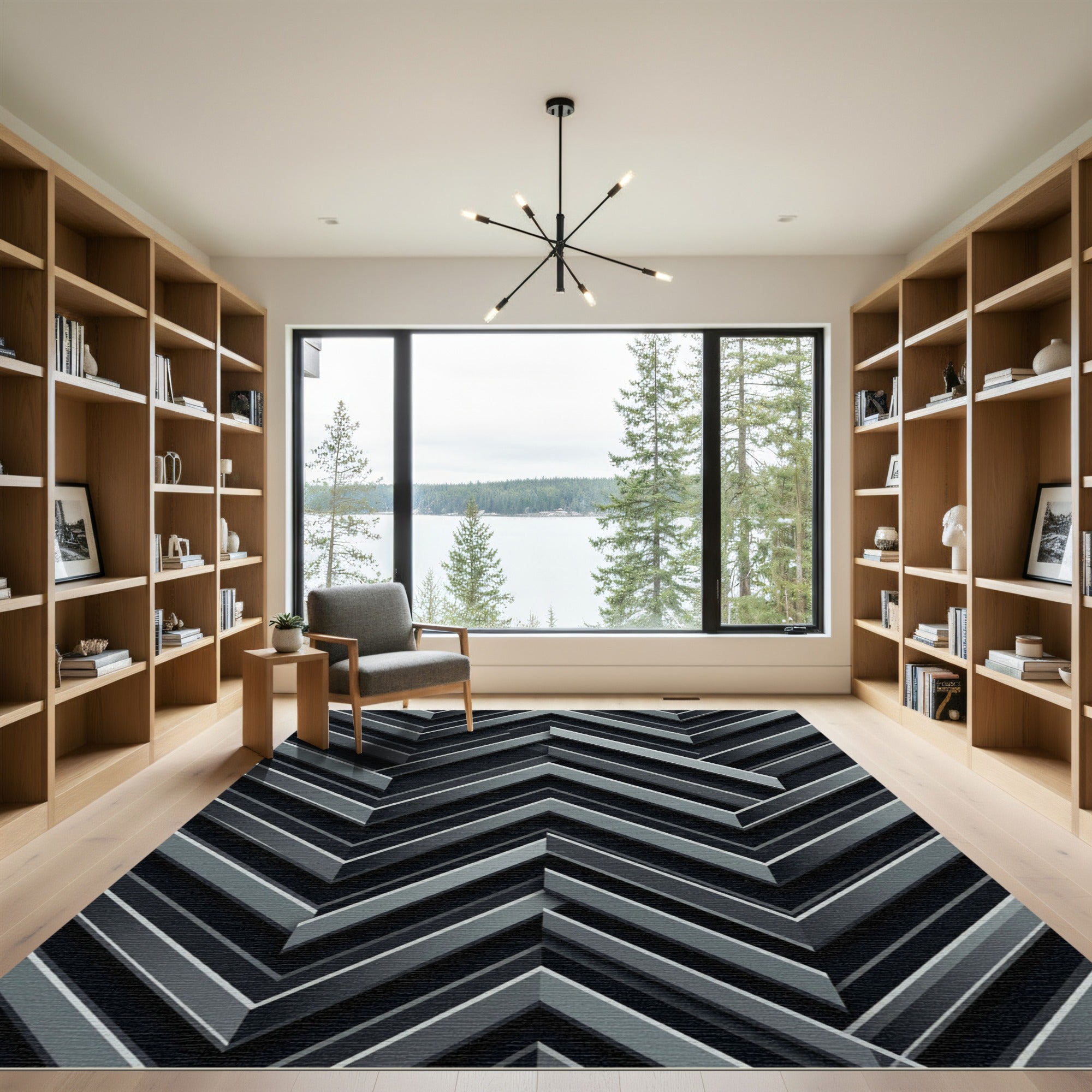 Modern Monochrome Chevron Metallic Stripe Rug