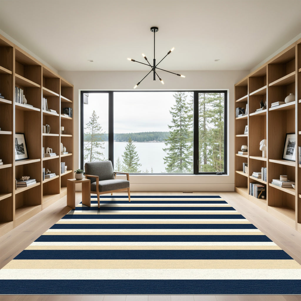 Navy Cream and Beige Linear Stripe Rug