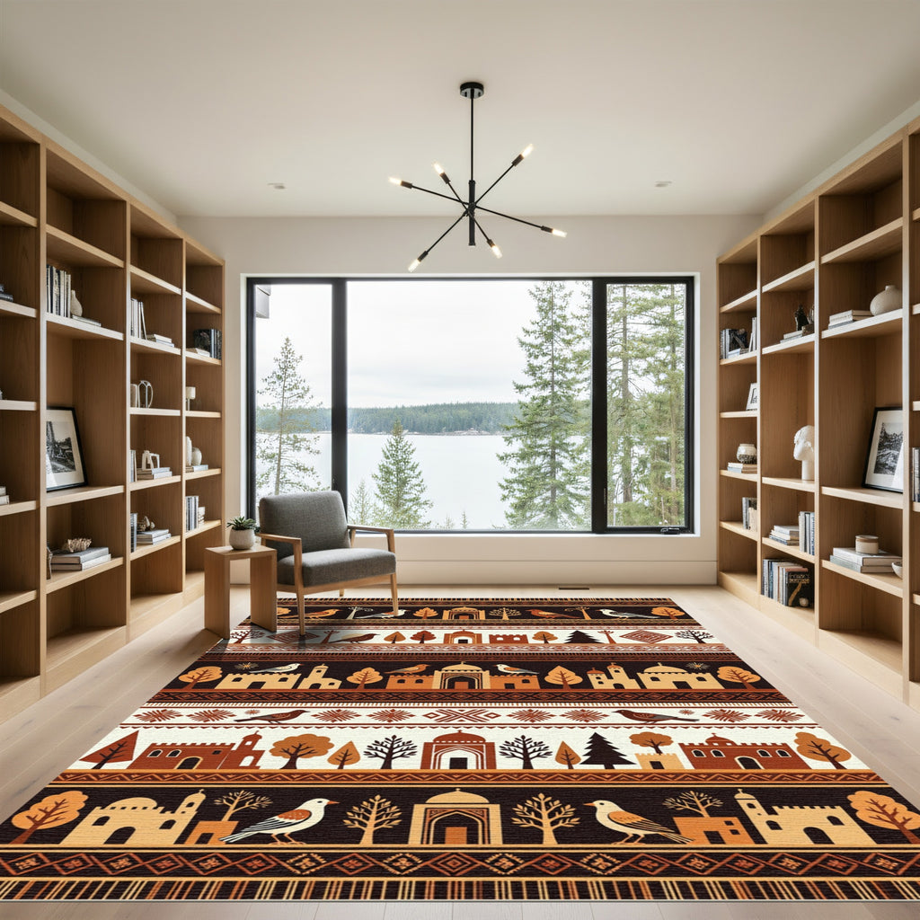 Earthy Terracotta Architectural Bird Meadow Rug