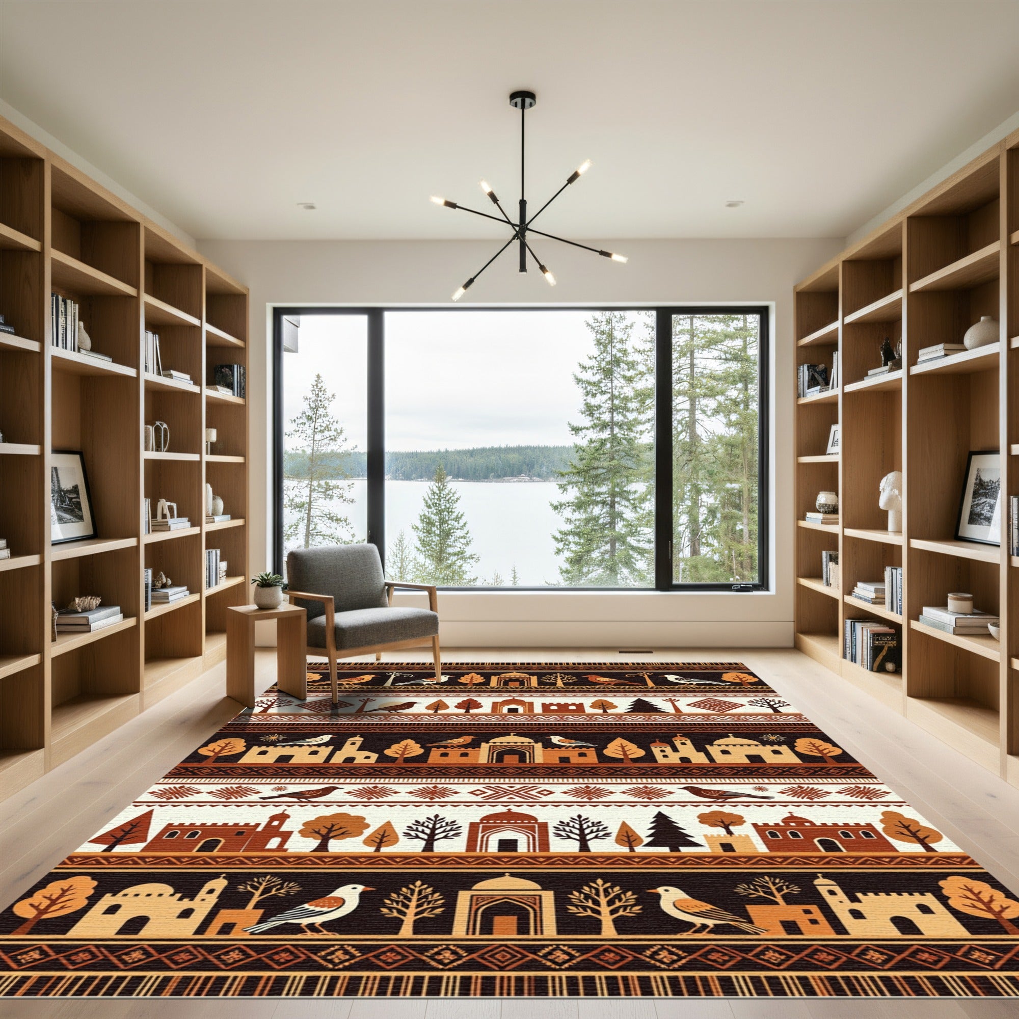 Earthy Terracotta Architectural Bird Meadow Rug