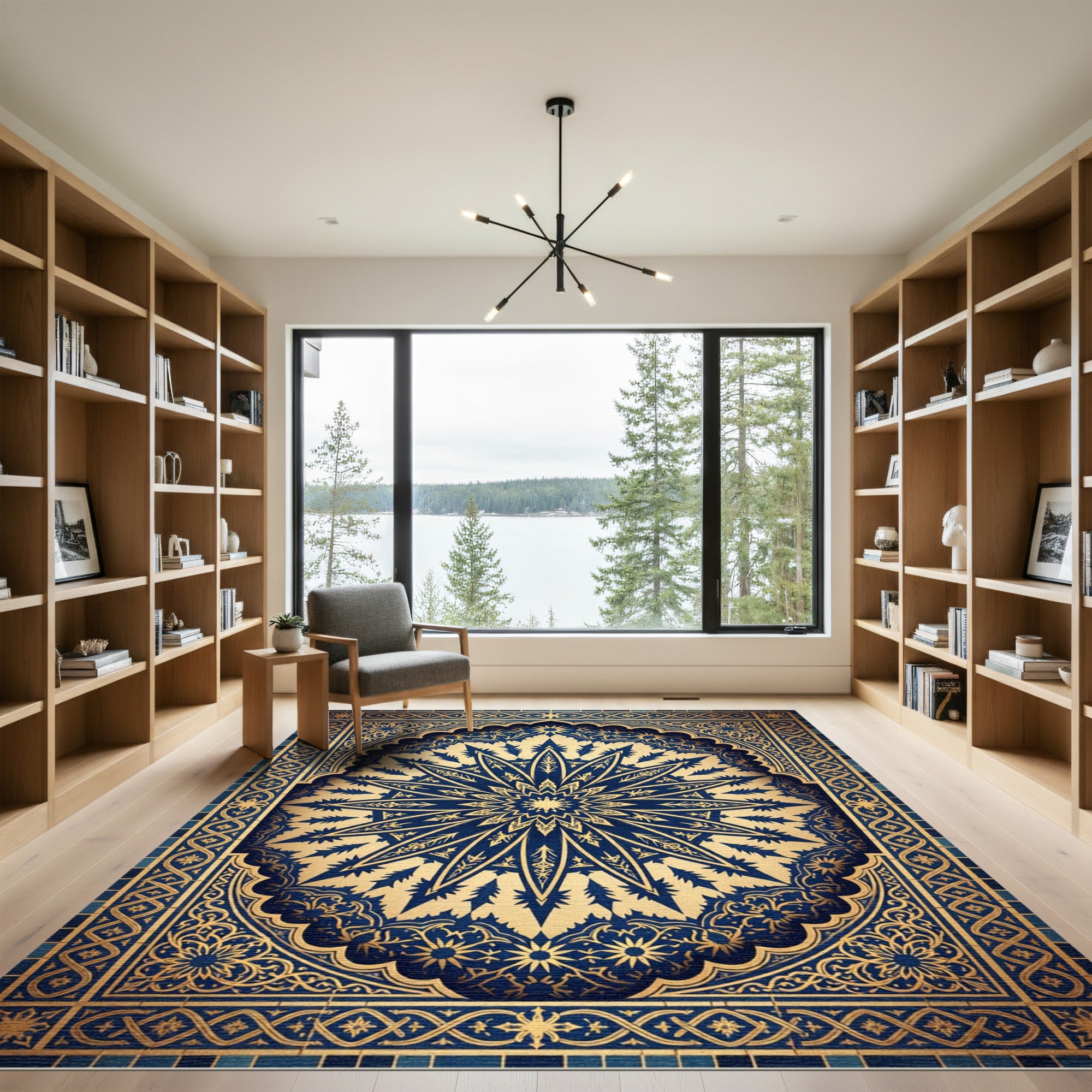 Royal Blue Golden Celestial Medallion Rug