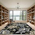 Monochrome Peony Floral Botanical Black Cream Rug