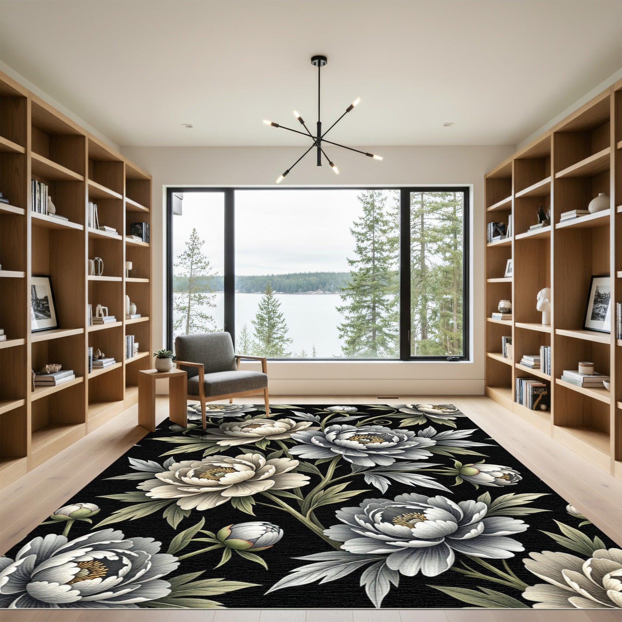Monochrome Peony Floral Botanical Black Cream Rug