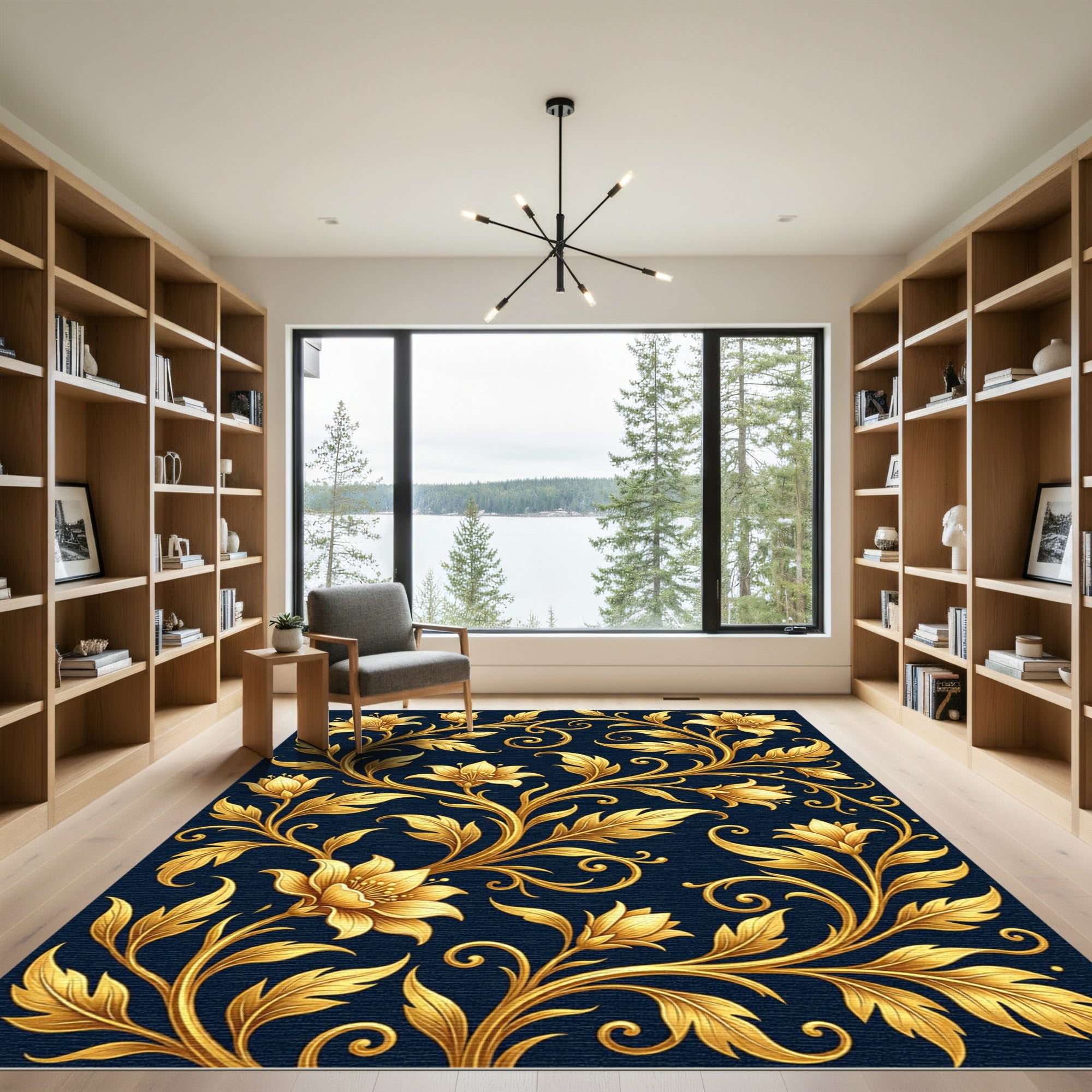 Golden Floral Vine Dark Background Rug