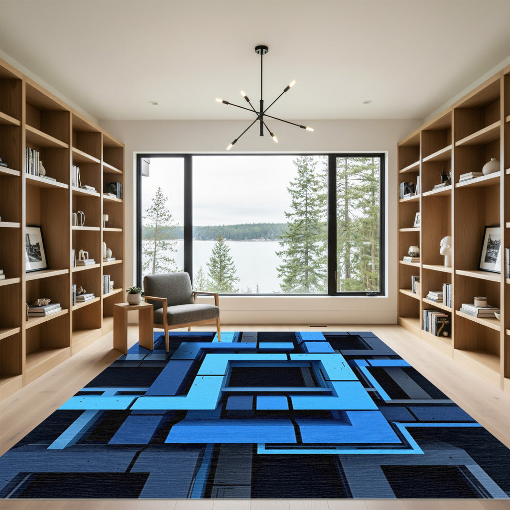 Geometric Cubes in Grayscale Blue Rug