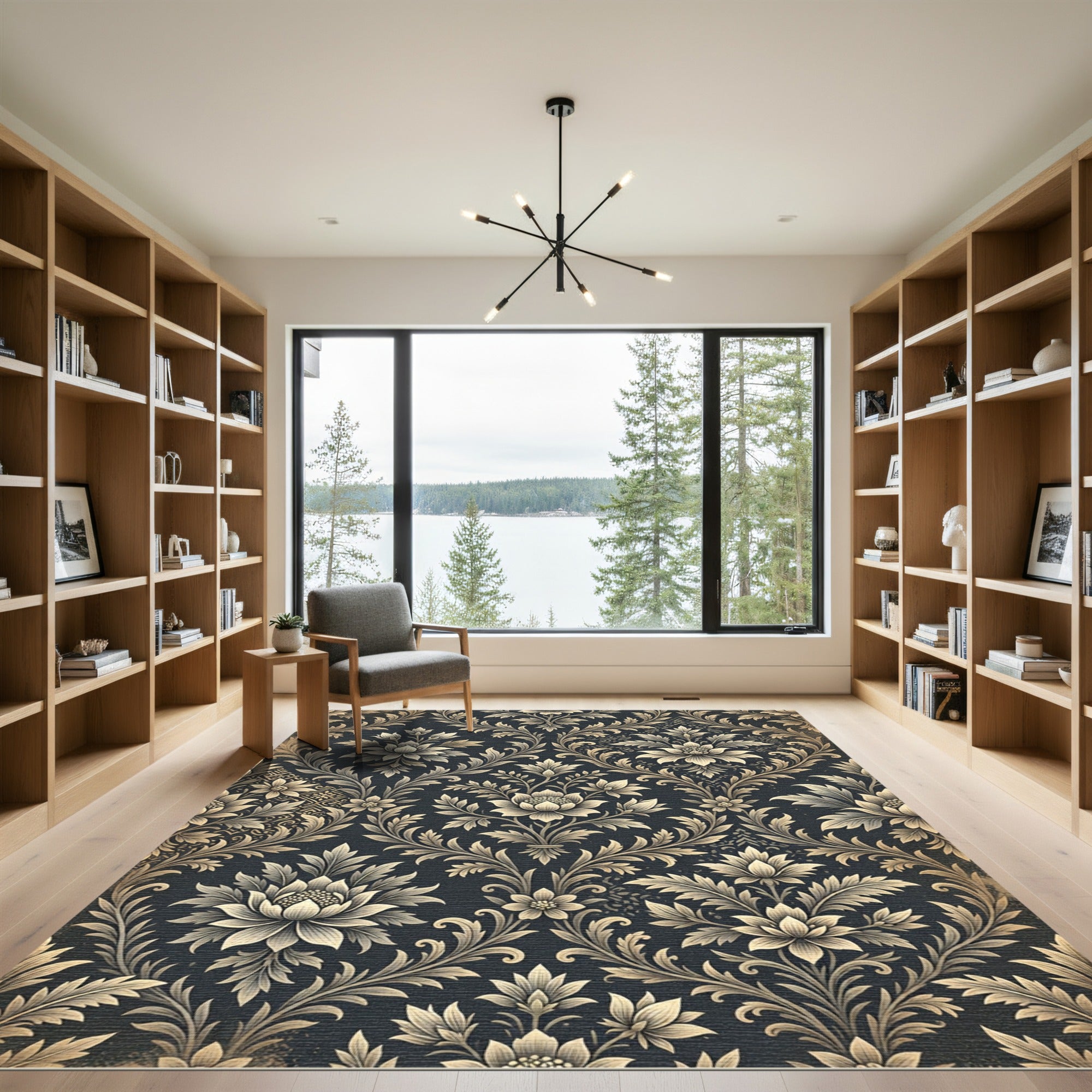 Elegant Charcoal Gold Floral Damask Rug