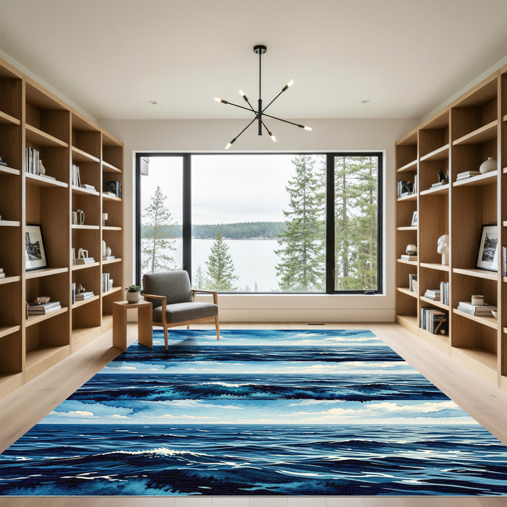Deep Blue Watercolor Ocean Wave Rug
