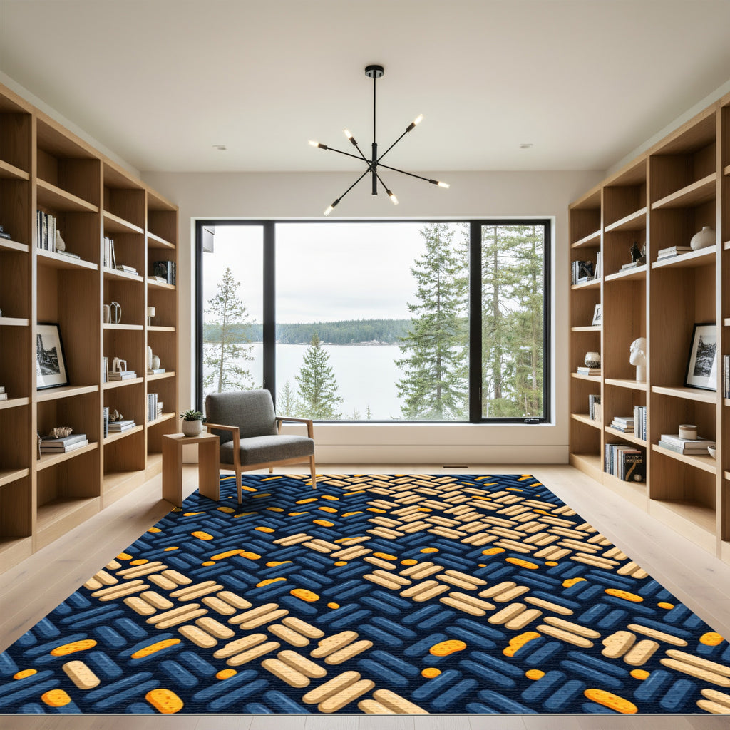 Navy and Cream Woven Geometric Weave Rug