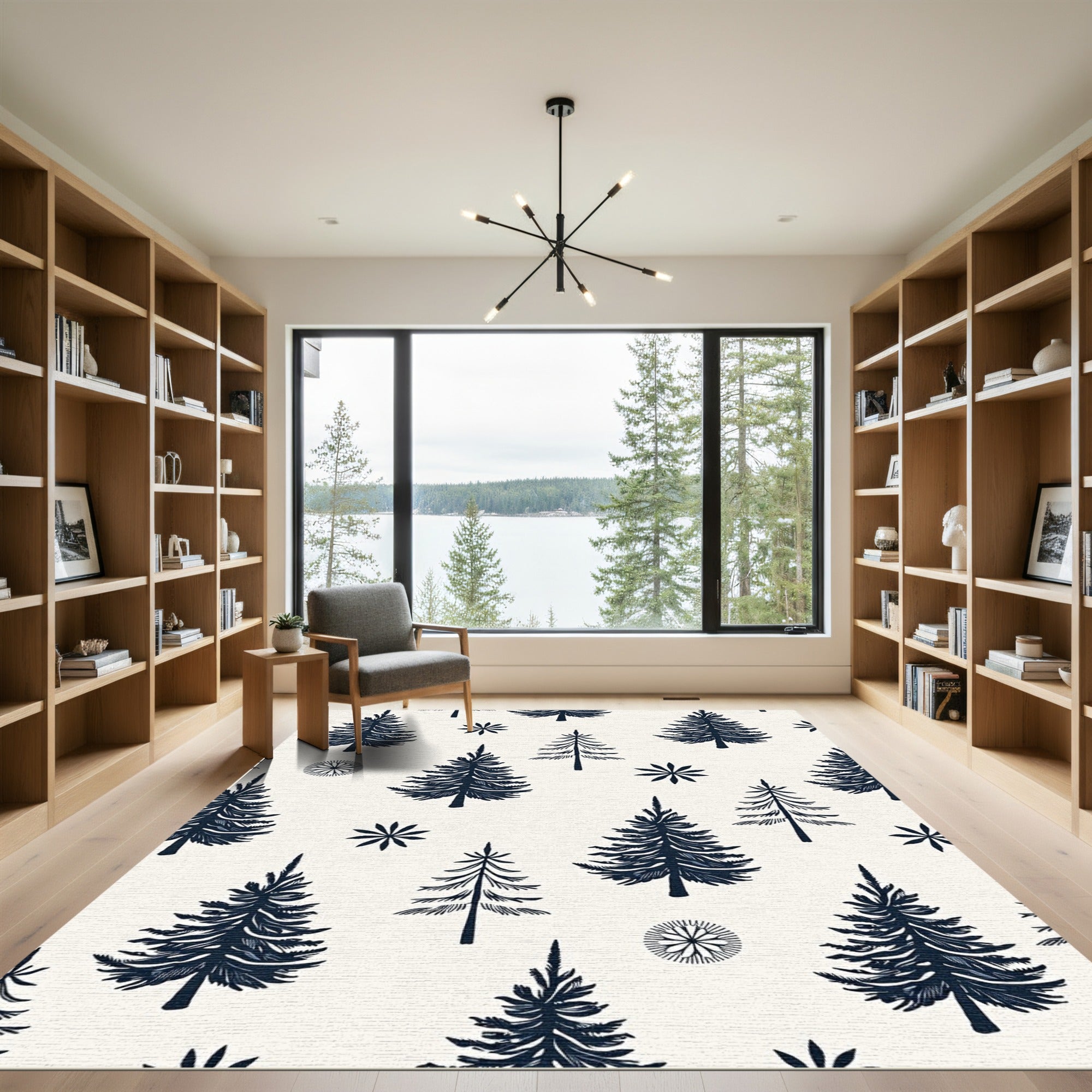 Deep Navy Pine Forest Snowflakes Rug