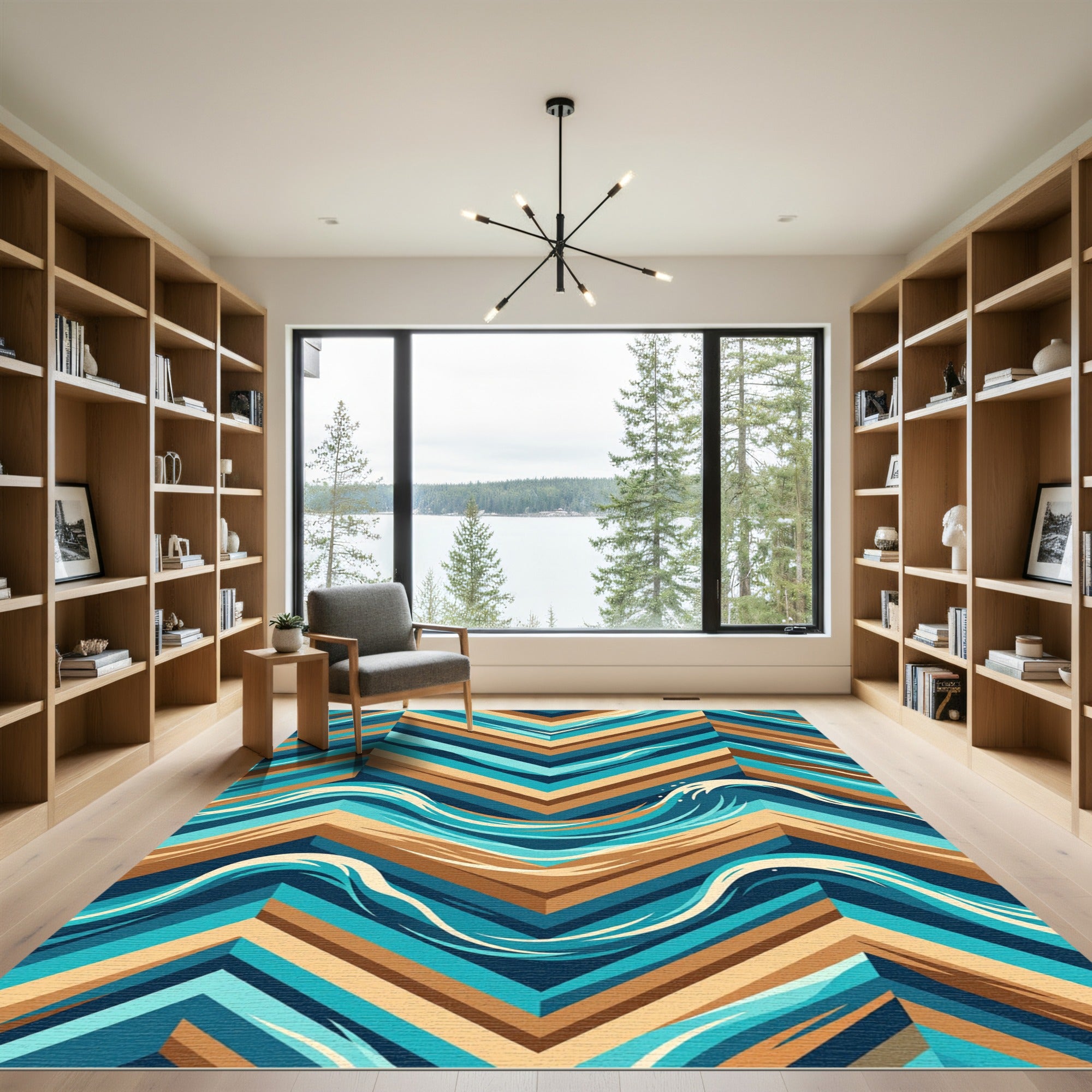 Geometric Chevron Teal and Ochre Wave Rug