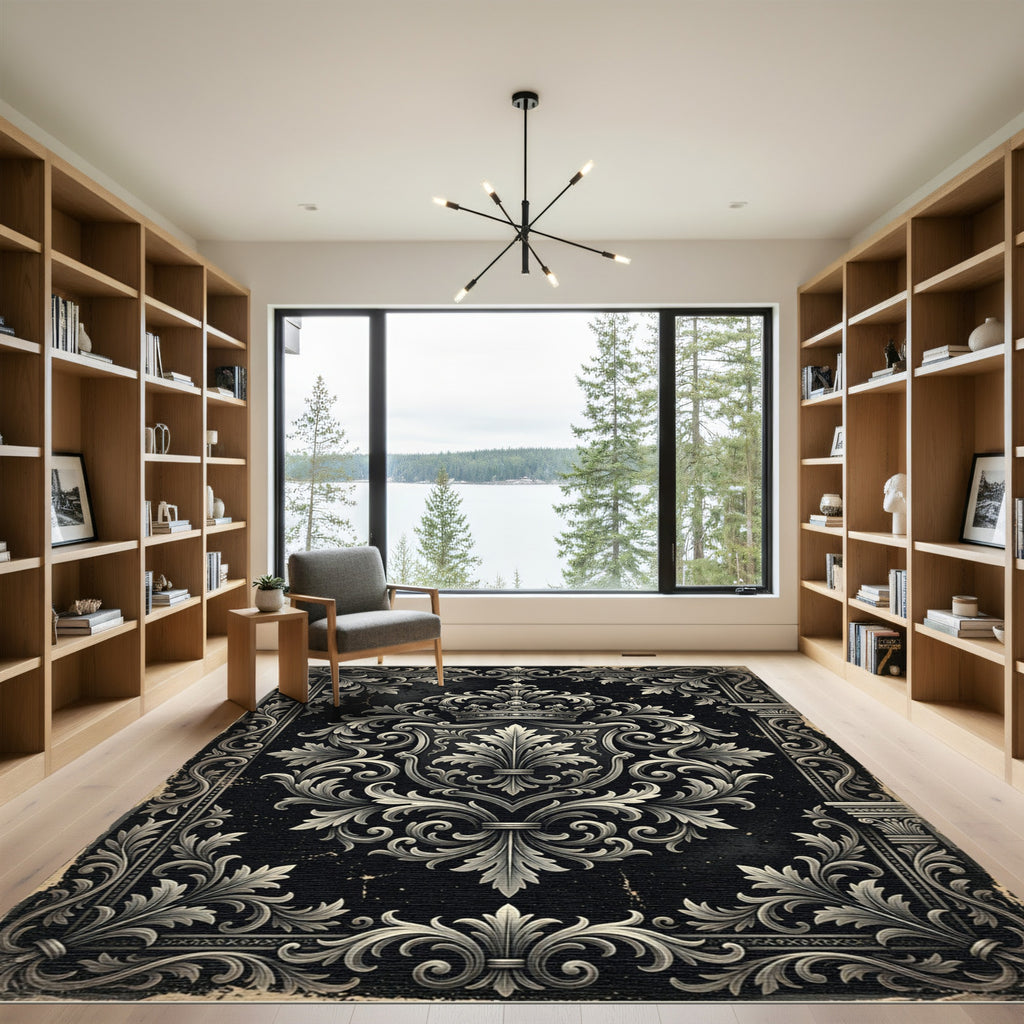 Ornate Black Scrollwork Crown Rug