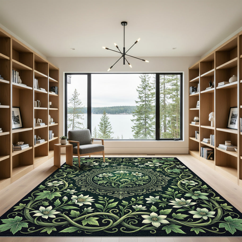Elegant Green Botanical Floral Medallion Rug