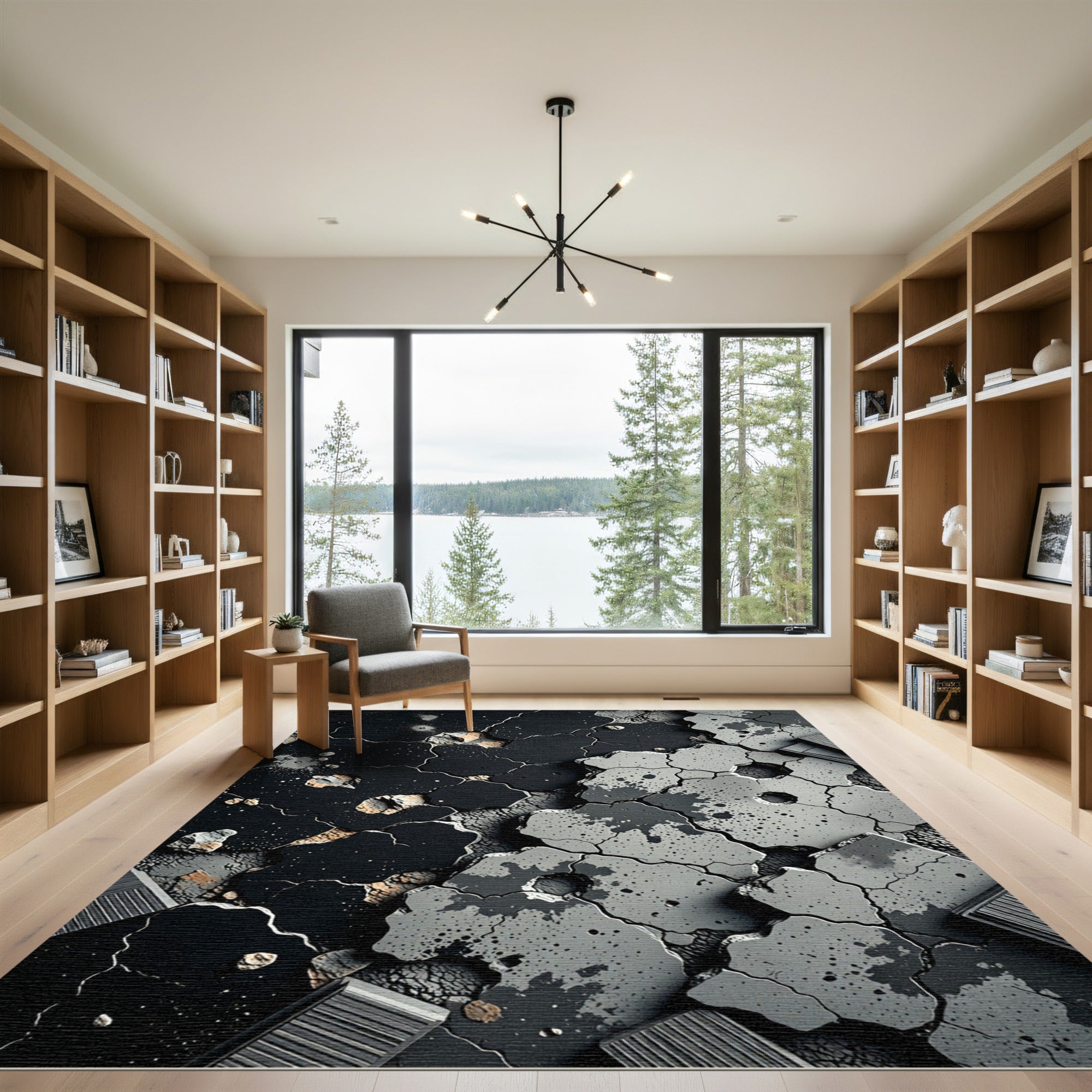 Industrial Black Concrete Cracked Surface Rug
