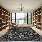 Sophisticated Charcoal Monochrome Floral Mandala Rug