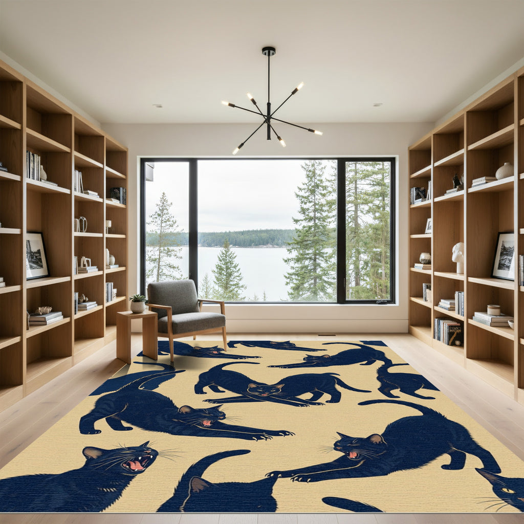 Whimsical Stretching Black Cat Illustration Rug