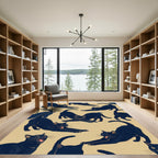Whimsical Stretching Black Cat Illustration Rug