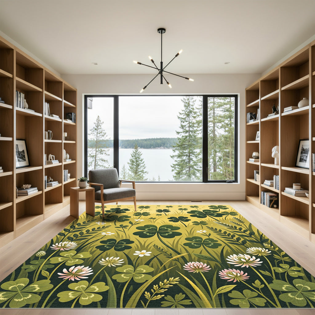 Golden Four Leaf Clover Botanical Meadow Rug