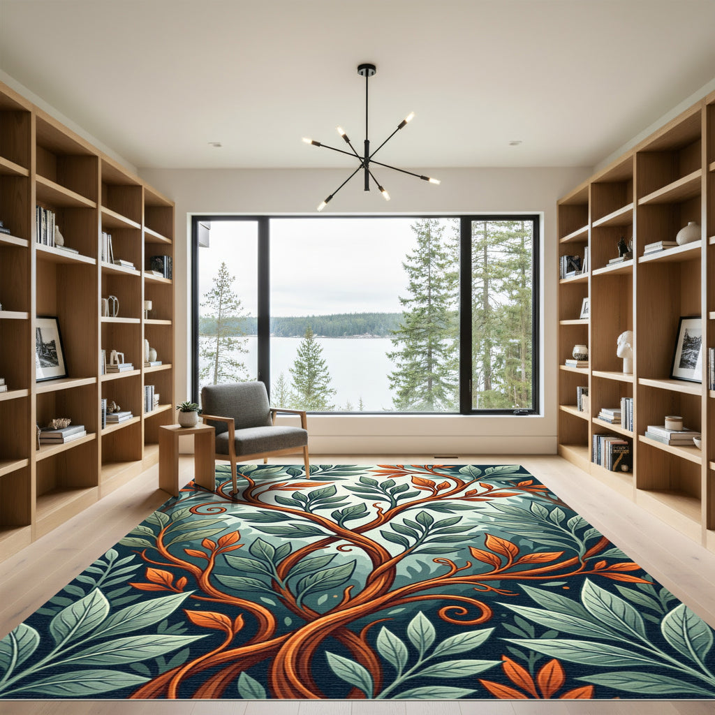 Earthy Green and Copper Botanical Vine Rug