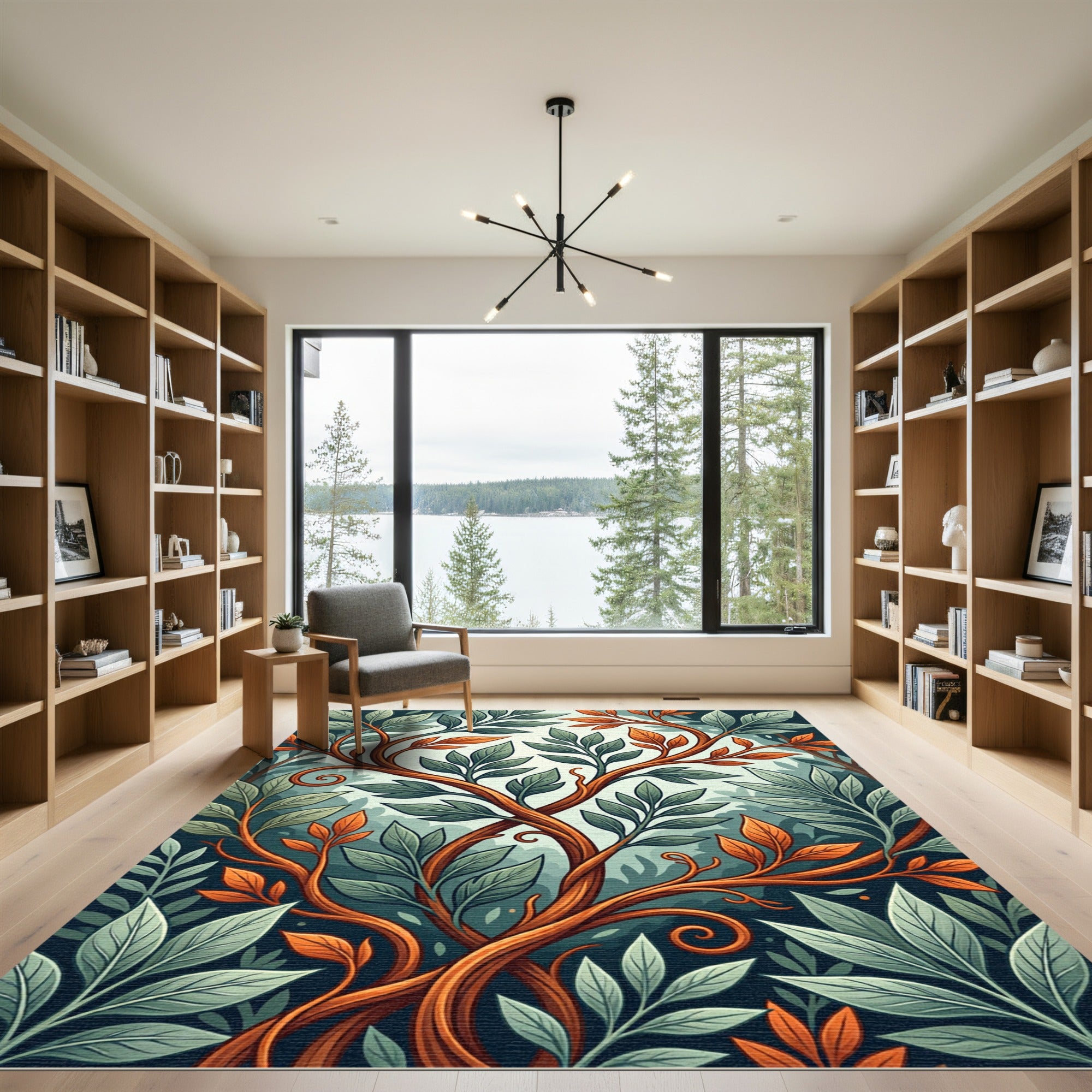 Earthy Green and Copper Botanical Vine Rug
