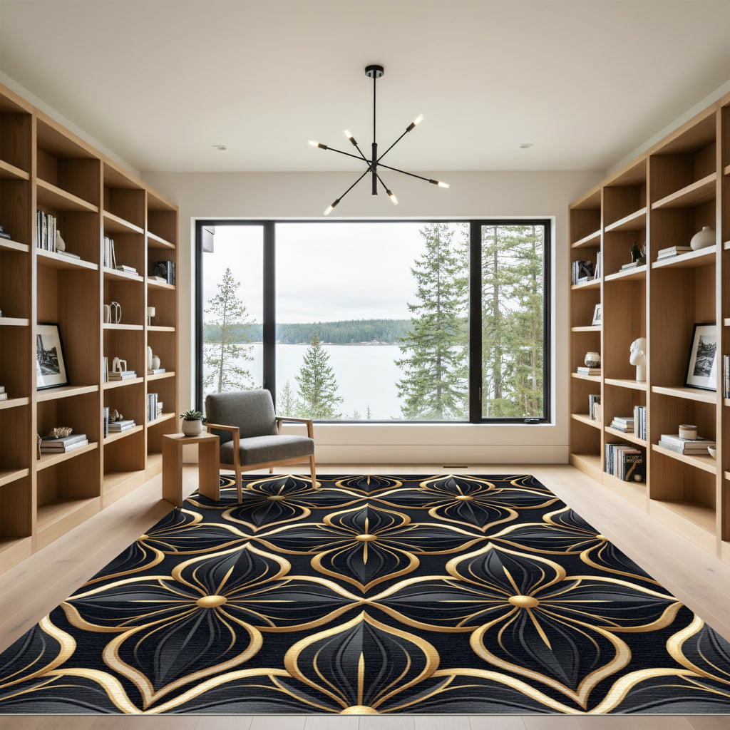 Elegant Black Gold Floral Lattice Rug