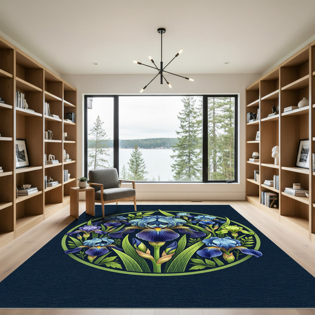 Botanical Blue Iris Floral Medallion Rug