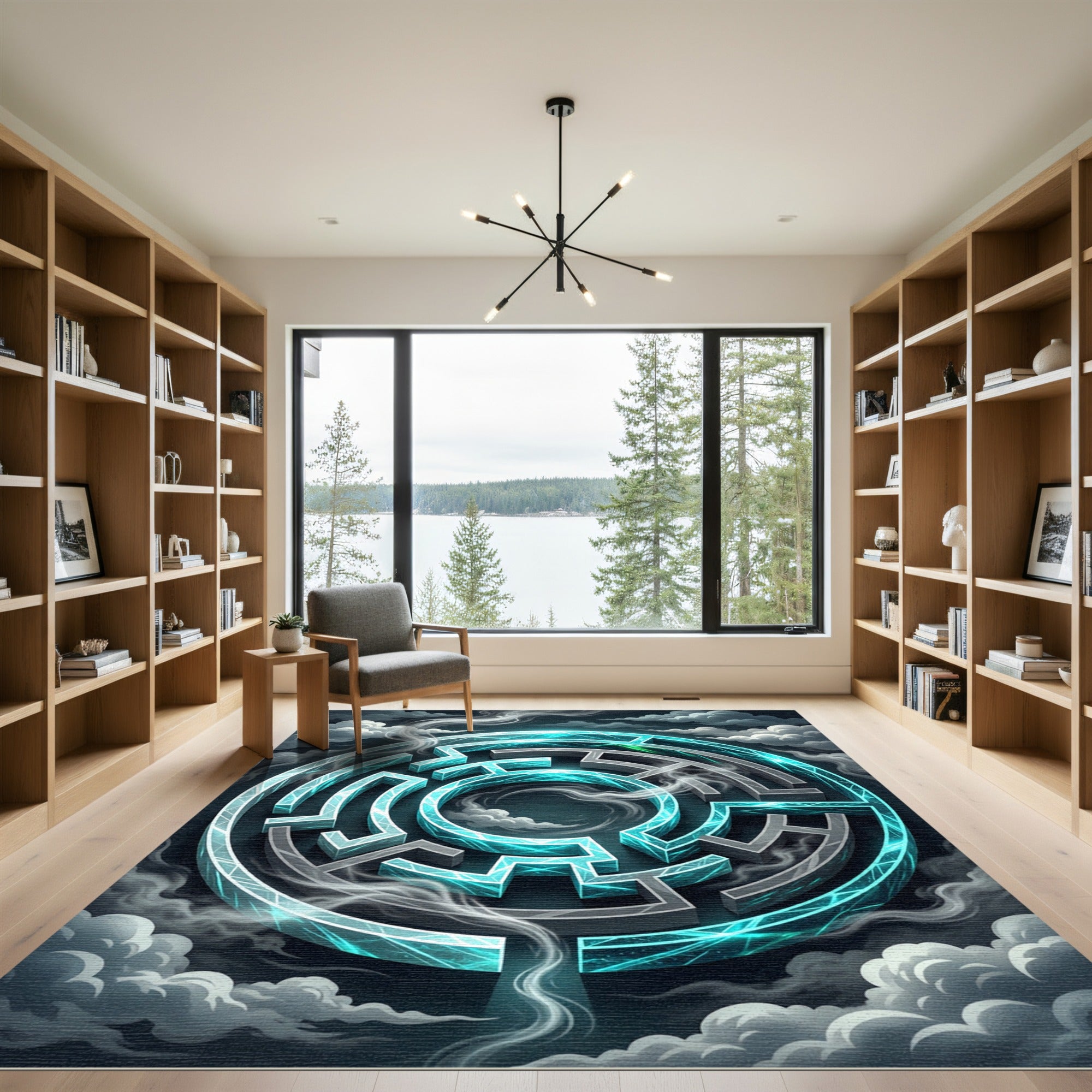 Glowing Azure Nebula Circular Labyrinth Rug