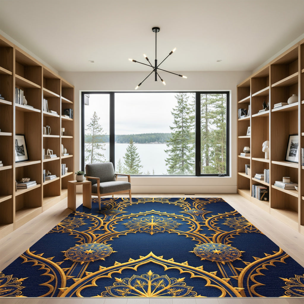 Royal Blue Golden Filigree Arch Rug