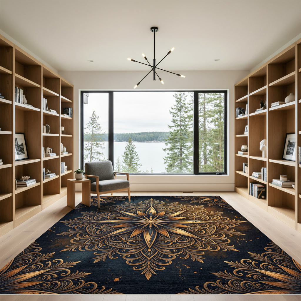 Ornate Golden Starburst Filigree Medallion Rug