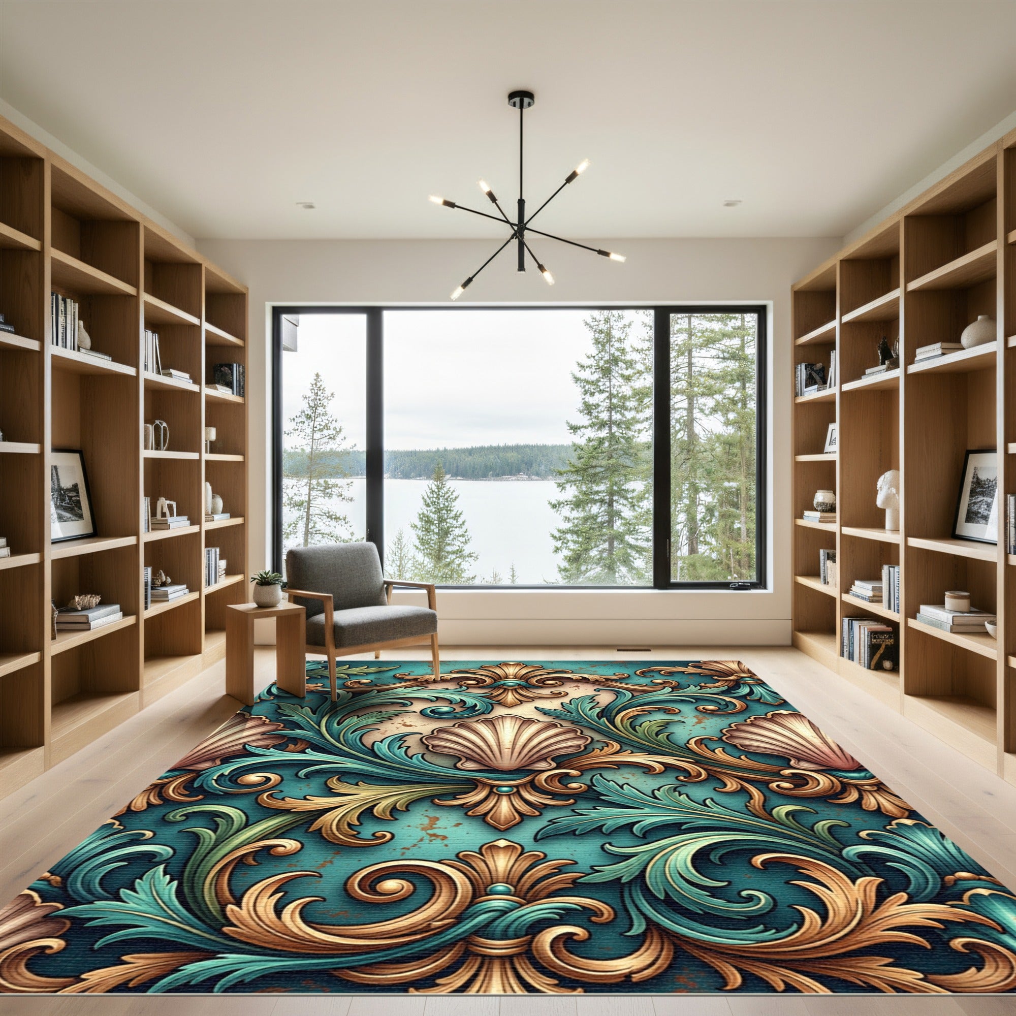 Ornate Teal Golden Acanthus Scroll Rug