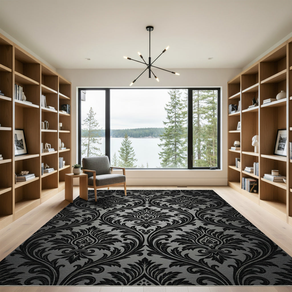 Elegant Black Damask Scroll Work Rug