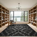 Elegant Black Damask Scroll Work Rug