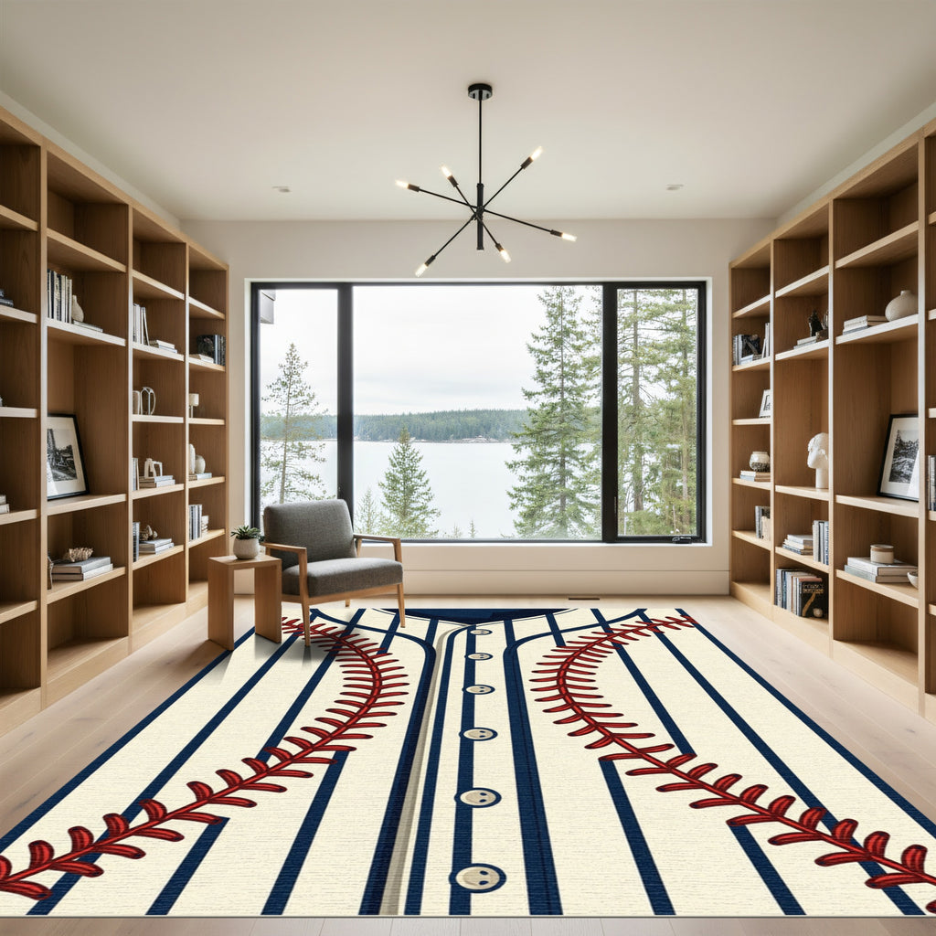 Stitched Baseball Seams Pinstripe Cream Rug