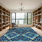 Blue Golden Floral Lattice Fish Rug