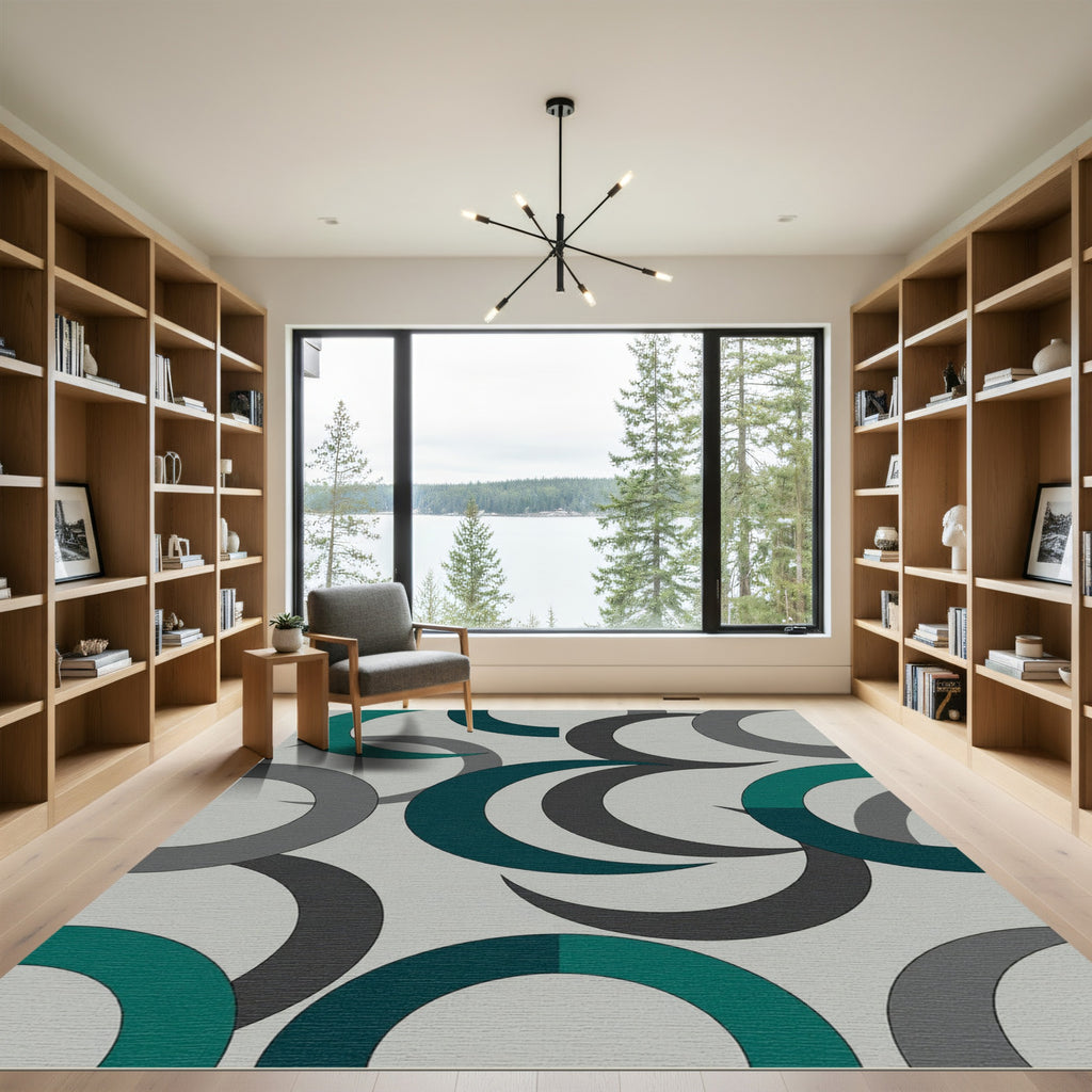 Modern Teal and Charcoal Crescent Arcs Rug