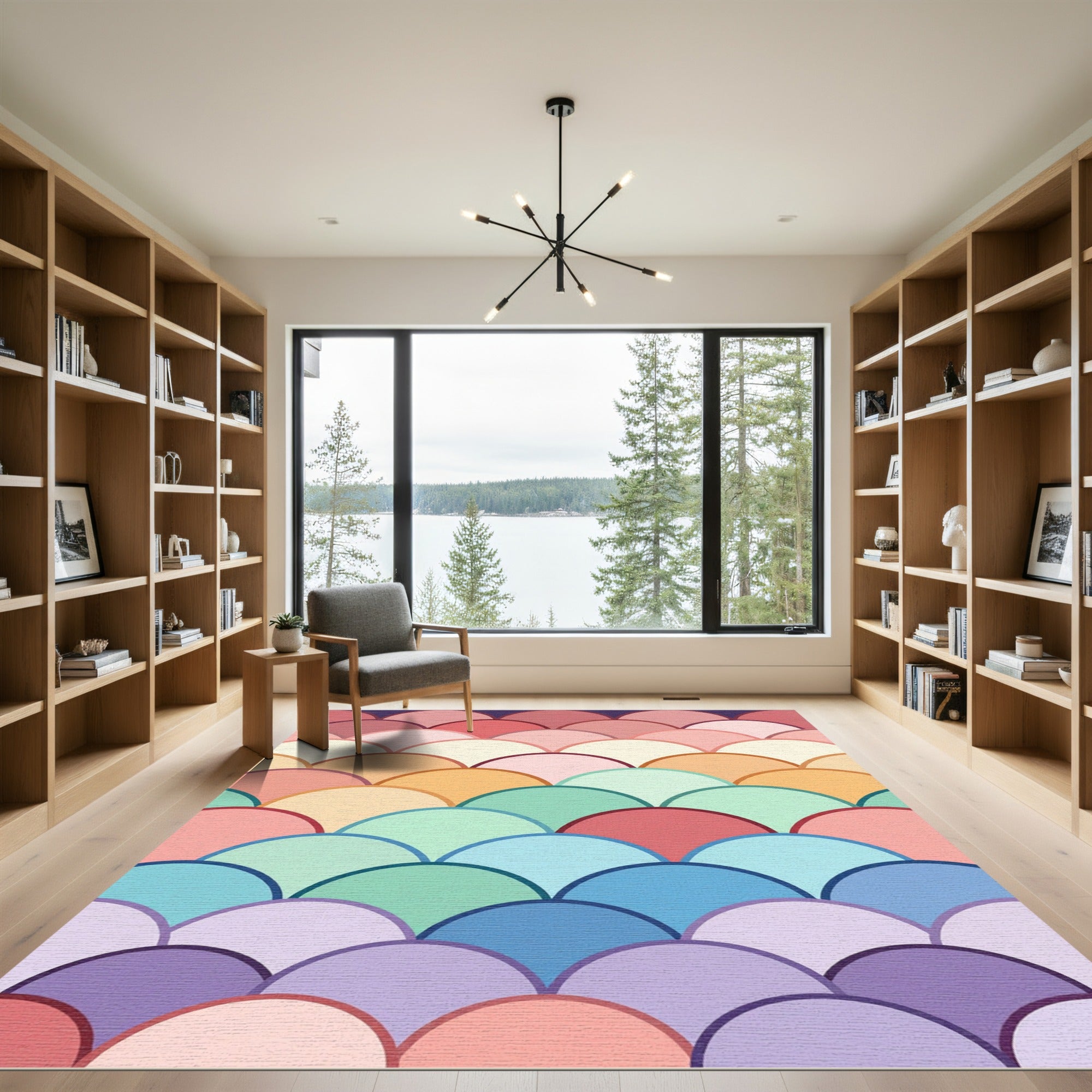 Colorful Scalloped Rainbow Fan Gradient Rug