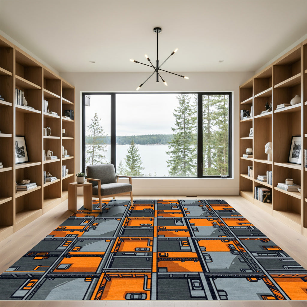 Industrial Orange Gray Garage Rectangles Rug