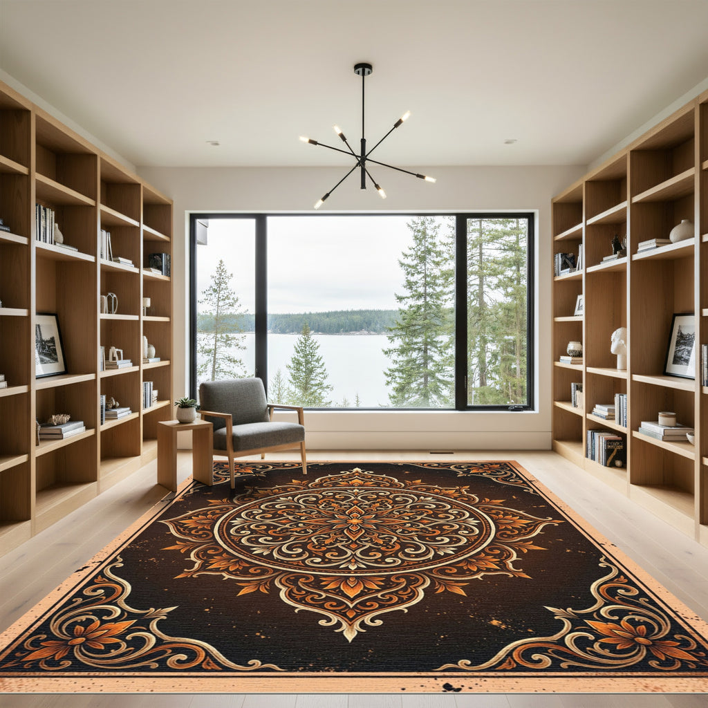 Ornate Amber Floral Medallion Scroll Rug
