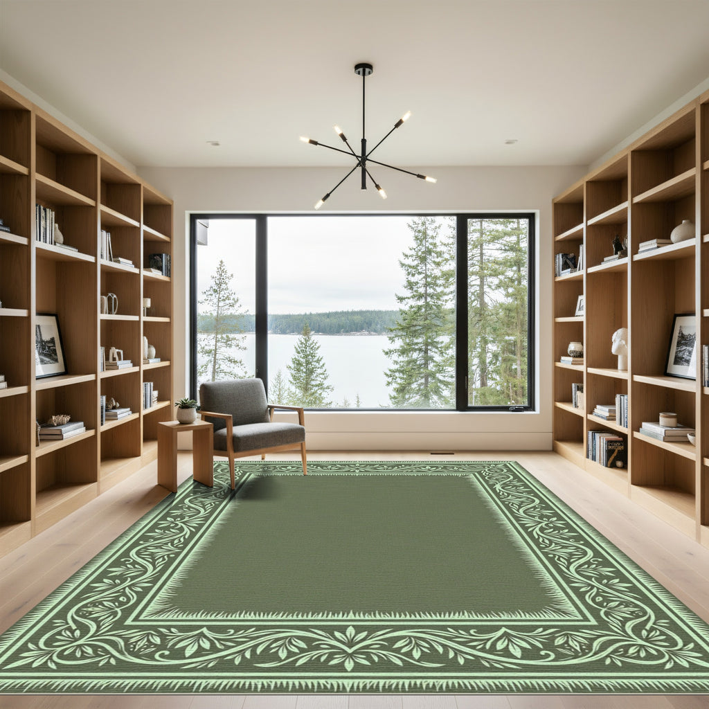 Elegant Mint Green Floral Border Rug