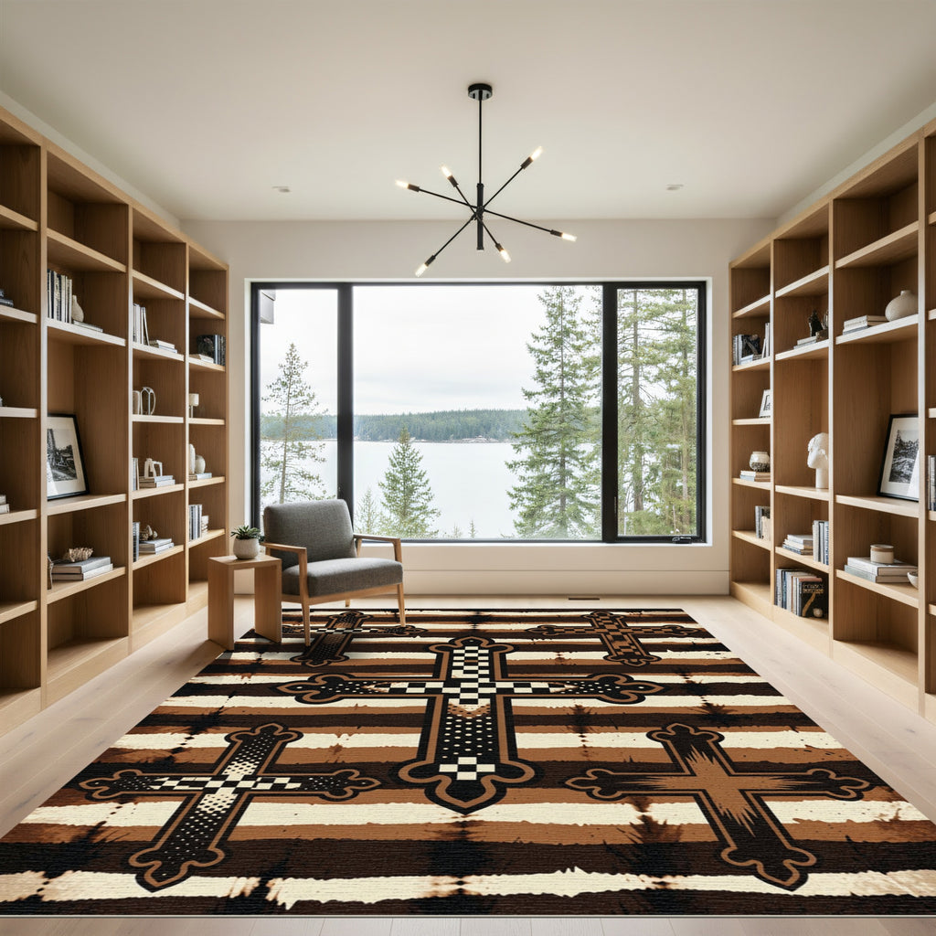 Earthy Brown Striped Gothic Cross Rug