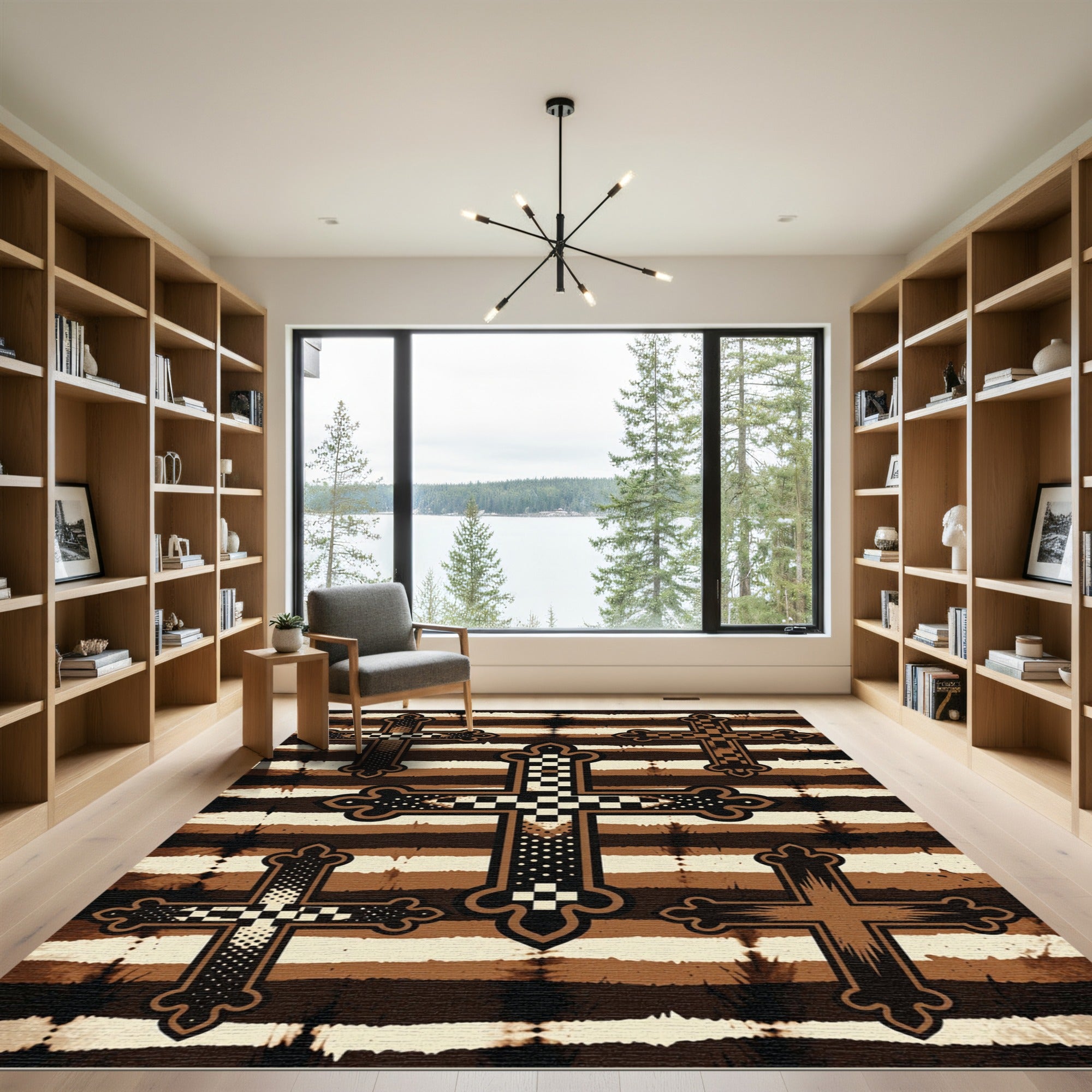Earthy Brown Striped Gothic Cross Rug