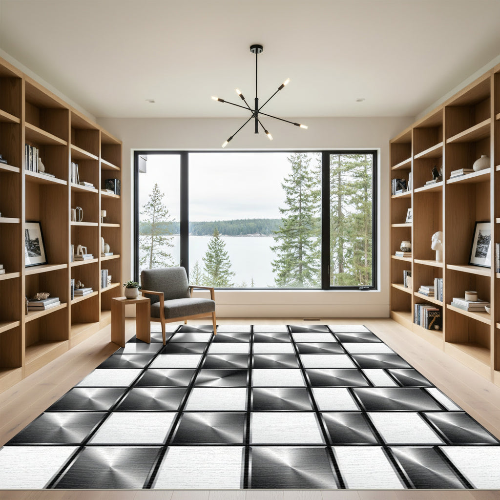 Metallic Black White Square Grid Rug