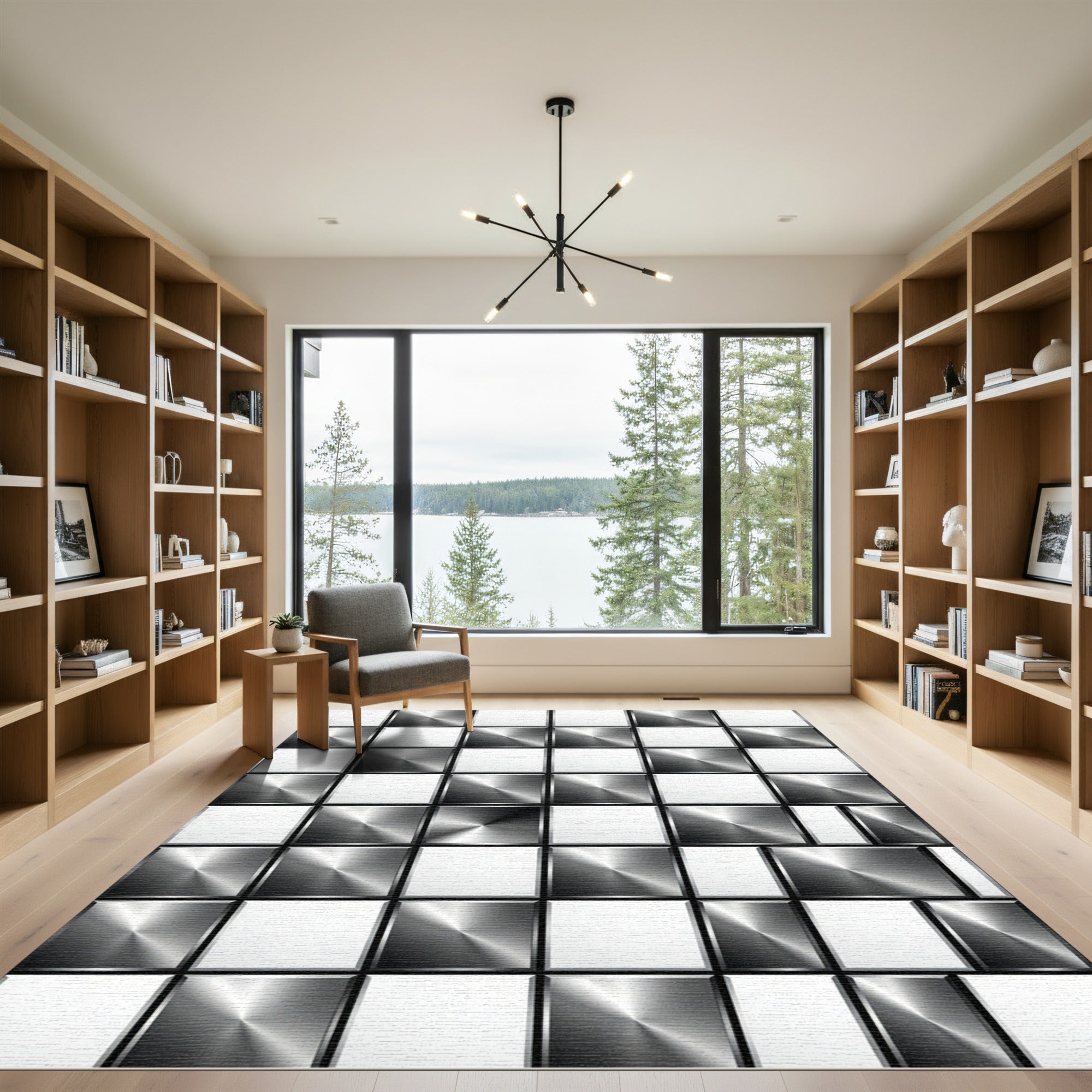 Metallic Black White Square Grid Rug