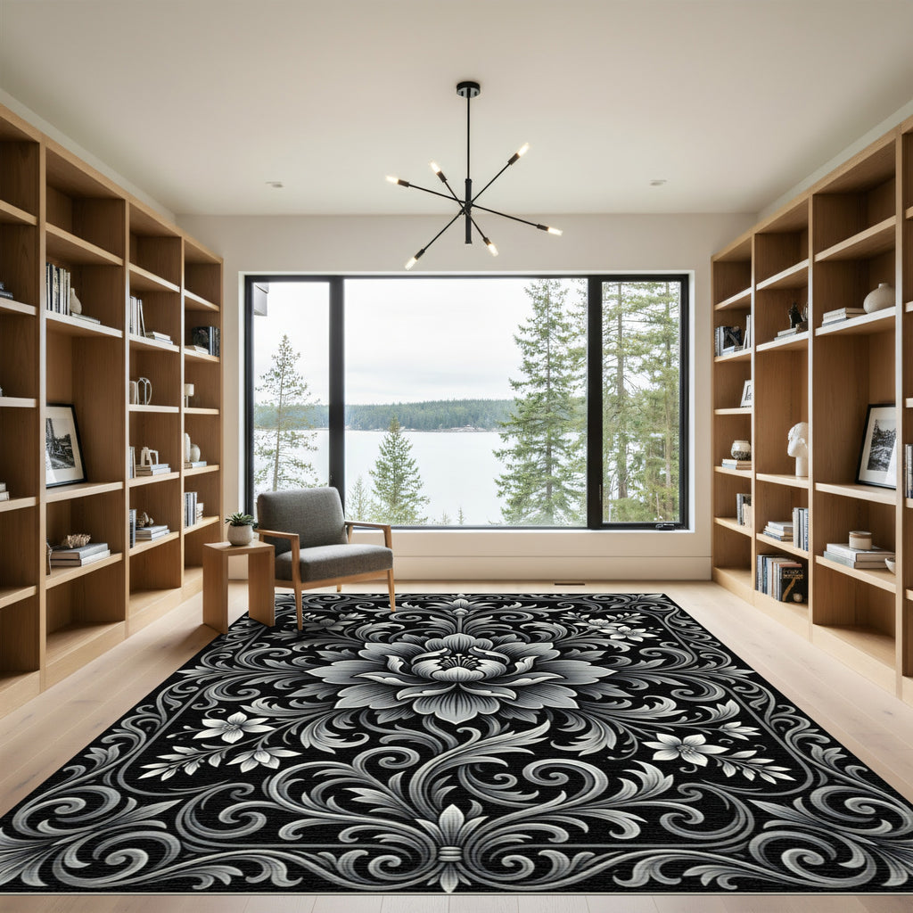 Monochromatic Floral Scrollwork Border Rug