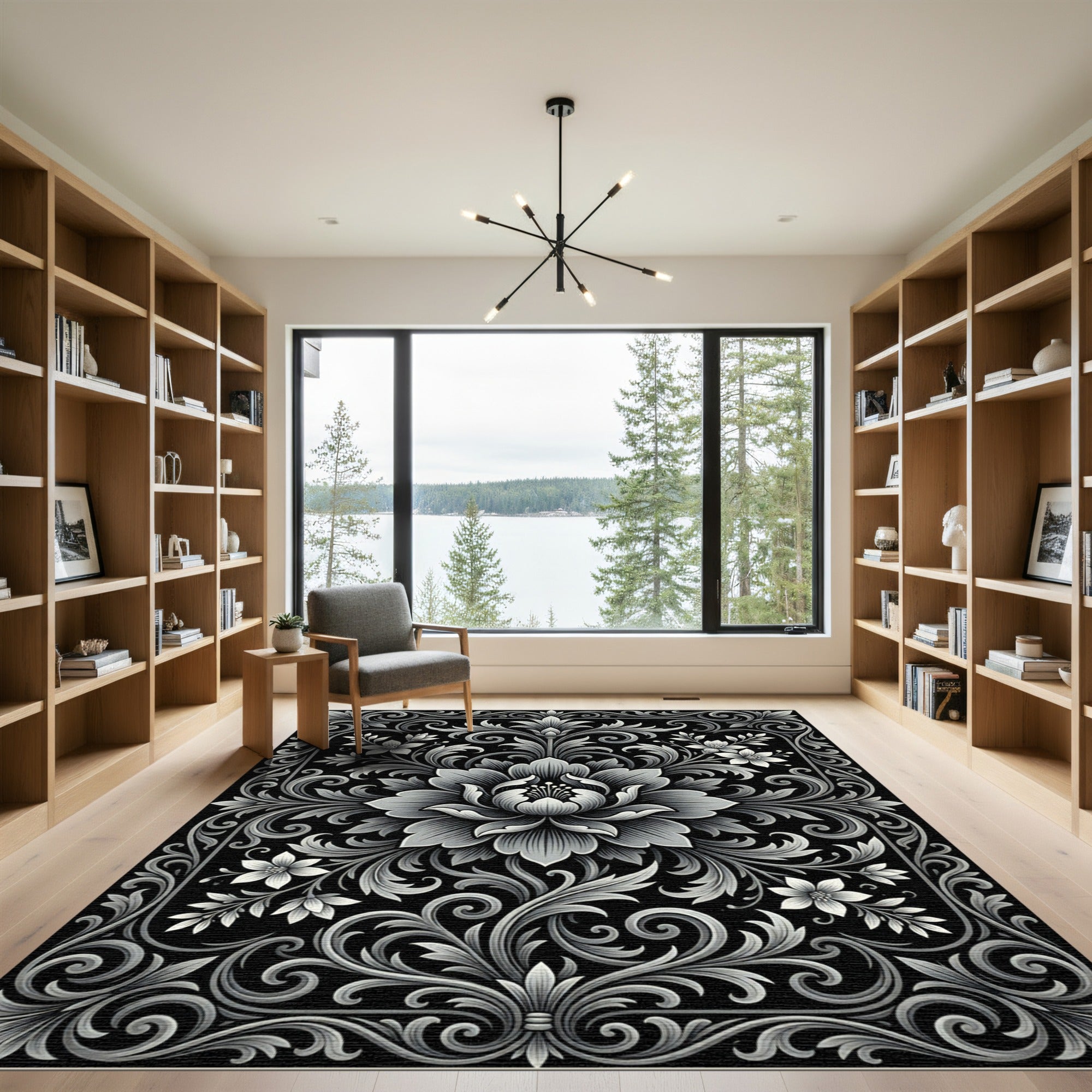 Monochromatic Floral Scrollwork Border Rug