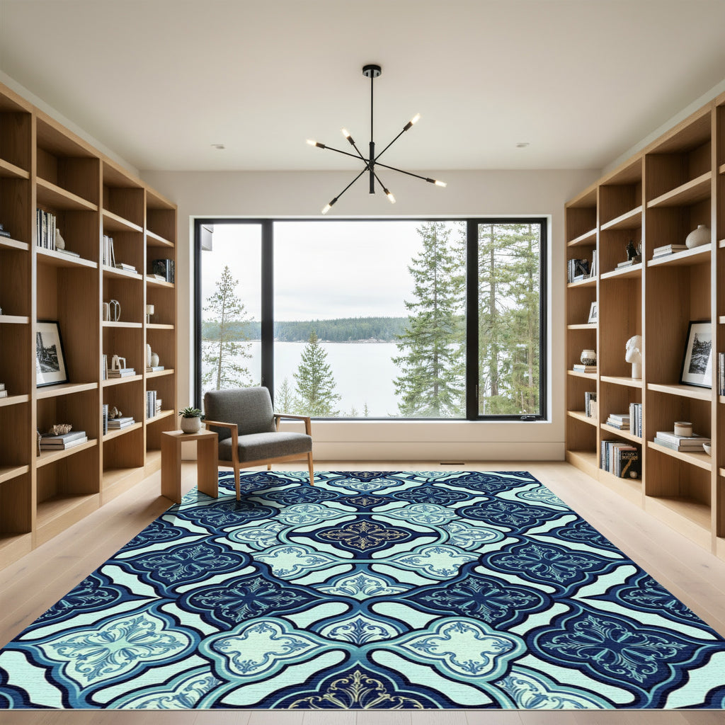 Elegant Navy Teal Ornate Trellis Rug