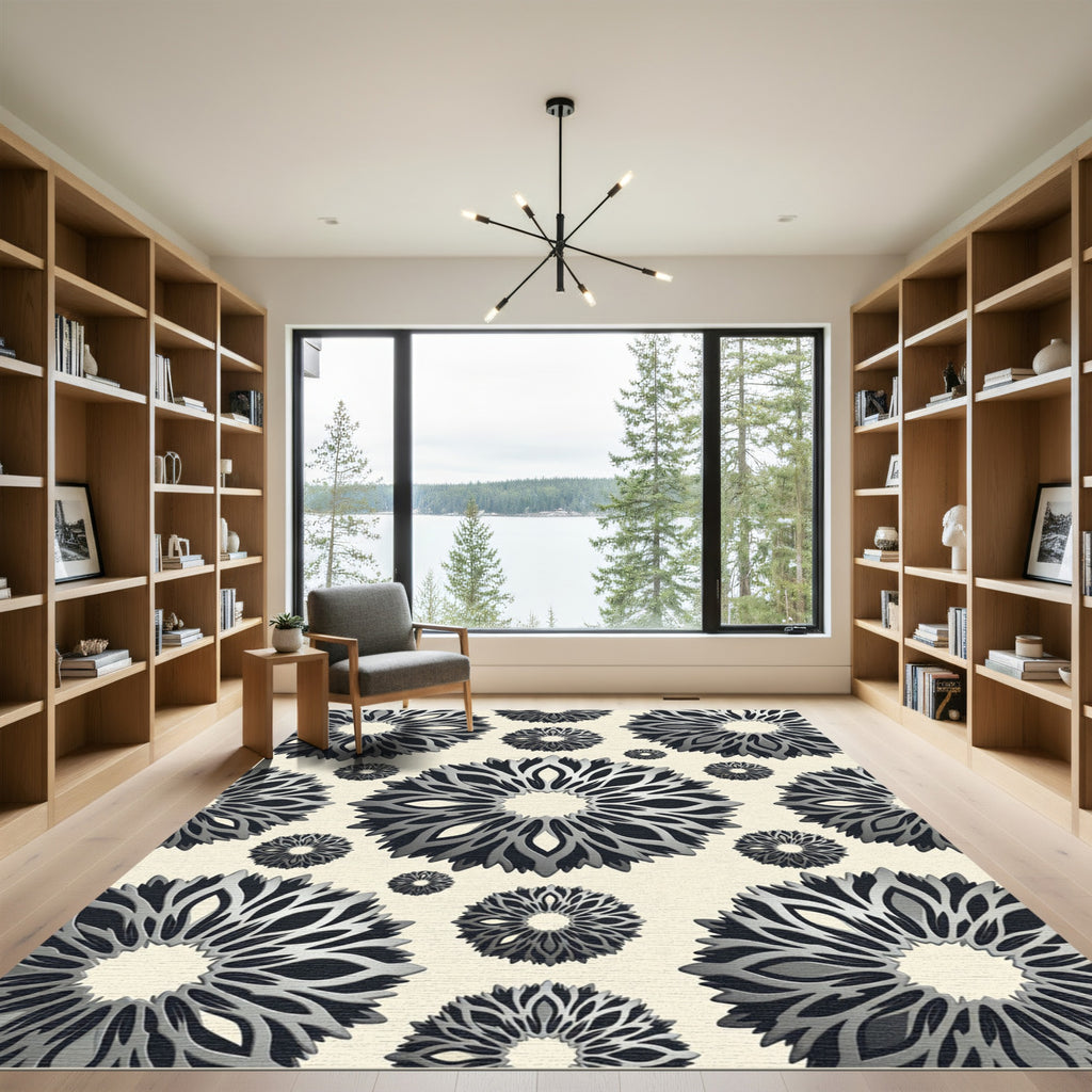 Monochrome Gray Sculptural Radial Floral Rug