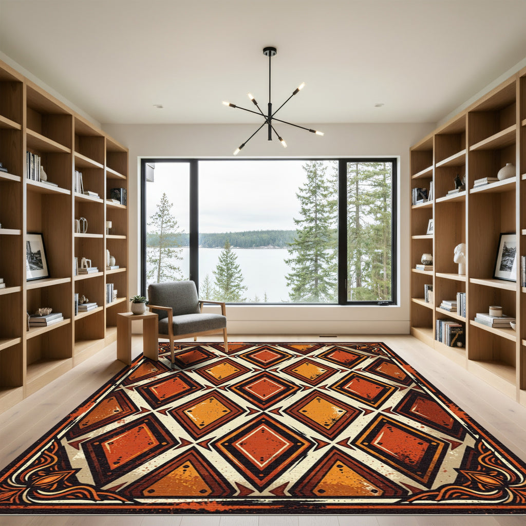 Rustic Burnt Orange Geometric Diamond Art Rug