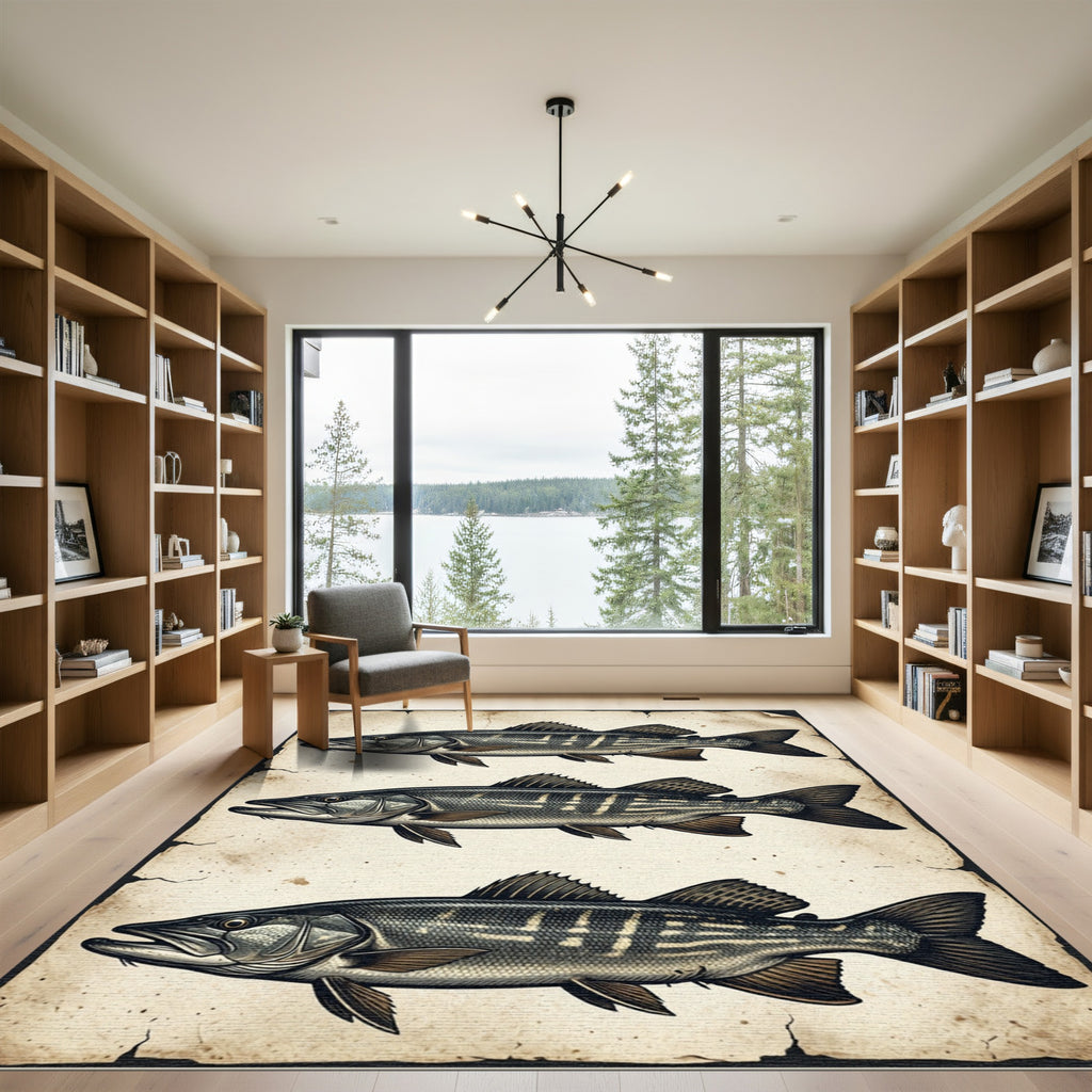 Vintage Gray Pike Fish Illustration Rug