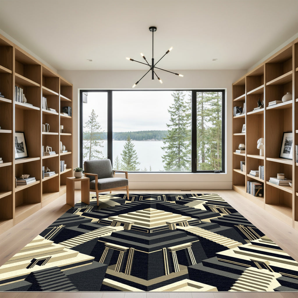 Black Gold Geometric Staircase Illusion Rug